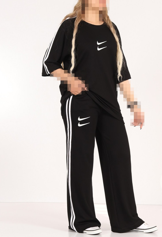 ست تیشرت لانگ و شلوار بگ مشکی دو نایک بغل نواری